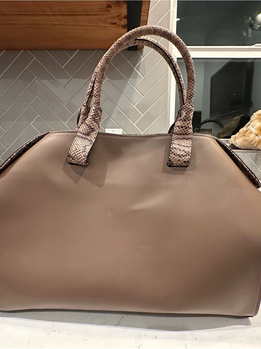 Structured Taupe Tote with Snake-Texture Handles